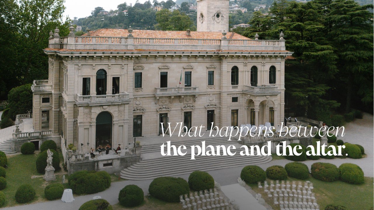 A lakeside villa in Italy set for a wedding ceremony, seen from above